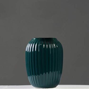 Imagem de Vaso vertical de cerâmica moderno, mesa de jantar, arranjo de flores, branco, verde, vaso de decoração de flores secas, decoração de casa (cor: azul tamanho: pequeno) (azul pequeno)