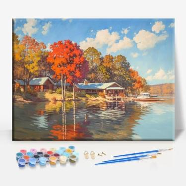 Imagem de HUINORYA GANTT Lago Alabama Tela emoldurada DIY Kit de pintura por números bar café caverna sala de casa parede banheiro varanda pátio decoração presente, 40,6 x 30,5 cm