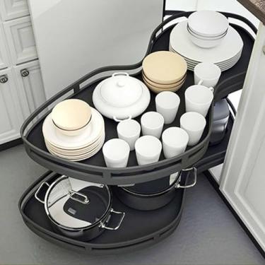 Imagem de Organizador de armário de canto cego - Prateleira de cozinha de camada dupla de aço inoxidável, prateleiras deslizantes para armário de canto oculto (porta direita, branco) (porta direita Schwarz