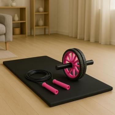 Imagem de Kit Treino Completo em Casa Colchonete Corda de Pular e Roda Abdominal Fitness(Rosa)