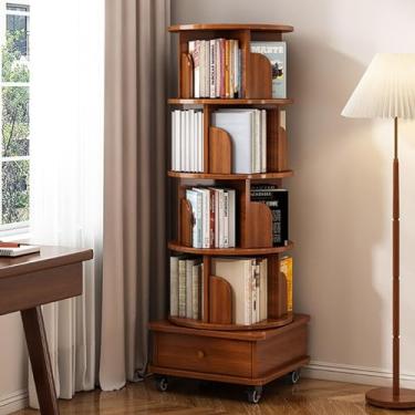 Imagem de Estante de livros com gaveta de armazenamento | Estante rotativa de canto | Estante giratória de 5/6 camadas com tela 360 com rodas de freio para quarto e sala de estar
