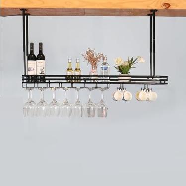 Imagem de Rack de teto para copos de vinho, prateleira de bebidas suspensa, suporte de vidro de vinho de parede de ferro, suporte de exibição de garrafa de vinho de LED, prateleira de vinho de armazenamento