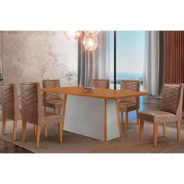 Imagem de Mesa Cozinha Tilia c/ Tampo Madeirado Canto Curvo 180x90cm e 6 Cadeiras Dafne Madeira Maciça Naturale/Off White - Capuccino/Corano Capuccino-Rufato