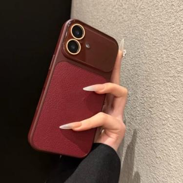 Imagem de Capa de couro com janela grande e blocos de cores para iPhone 13, 17 Pro Max, 16, 15 e 14 Pro Max com proteção para lente de vidro (para iPhone 15 Pro/Vermelho Vinho)