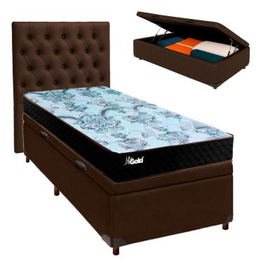 Imagem de Cama Box Bau + Colchão Solteiro Molas Ensacadas Life Gold Paropas + Cabeceira Estofada