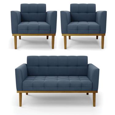 Imagem de Namoradeira E 2 Poltronas Base De Madeira Castanho Elisa Suede Azul Marinho D03 - D'rossi