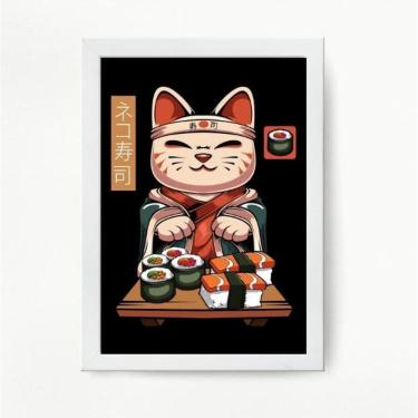 Imagem de Quadro Decorativo Sushi Cat 45x34cm - Madeira Preta
