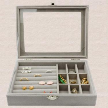 Imagem de Porta Joias Luxo com Tampa de Vidro e Divisórias para Anéis 20x15x5cm Rosa Off white Cinza