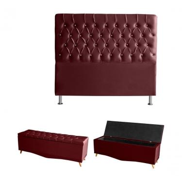 Imagem de Kit Estrela Cabeceira De Cama Box E Calçadeira Baú Pés Palito Botão Cristal Casal 140 Cm Suede Bordo Do Lar Móveis