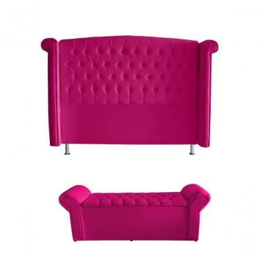 Imagem de Kit Realeza Cabeceira De Cama Box E Calçadeira Baú Casal 140 Cm Suede Rosa Pink Do Lar Móveis
