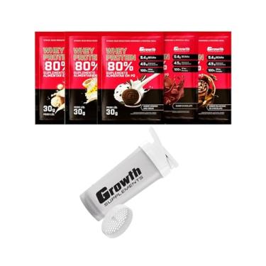 Imagem de Combo - Whey Protein Concentrado 30g em Sachê (5un - sabores diversos) + Coqueteleira 600ml Branca - Growth (único, Chocolate, beijinho, cookies, milkshake de chocolate e mousse de maracujá)