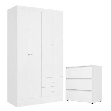Imagem de Guarda Roupa Solteiro Astro 4 Portas Branco Rosa Flex e Cômoda Gaveteiro Condessa Branco Acetinado - THB