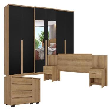 Imagem de Guarda Roupa Casal Valência 6 Portas Glass Capuccino Preto com Cômoda com Porta Aurora e Cabeceira Formosa Capuccino - THB