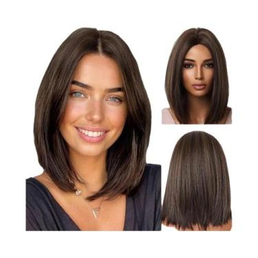 Imagem de Peruca Curta Lisa Marrom Com Mechas Para Mulheres HAIRJOY Peruca Sinté