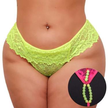 Imagem de Calcinha Plus Size Fio Dental Tailandesa com Pérolas e Babado  Brilha 