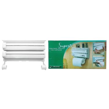 Imagem de Suporte de Parede Triplo 3 em 1 para Papel Toalha Filme PVC e Alumínio com Cortador Organizador Compacto Branco Ke Home