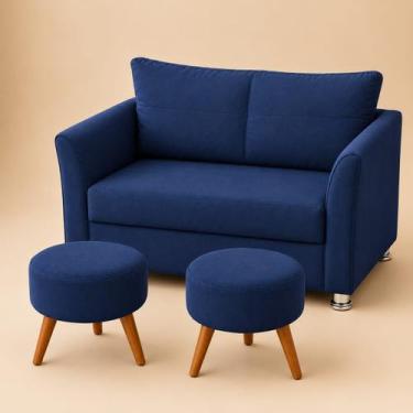 Imagem de Conjunto Namoradeira Lisboa 2 Lugares + 2 Puffs Redondos Suede Azul Ma
