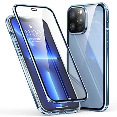Imagem de LAHappy Capa para iPhone 13 Pro Max/13 Pro/13, capa magnética frontal e traseira de vidro temperado transparente com protetor de lente de câmera, capa de proteção total do corpo, azul, 13 Pro Max de 6,7 polegadas