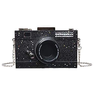 Imagem de QZUnique – Bolsa de mão feminina de ombro a tiracolo em formato de câmera de poliuretano, E-black