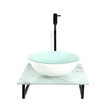 Imagem de KIT CUBA DE VIDRO REDONDA 10MM COM TAMPO DE VIDRO 40CM X 40CM MÁRMORE BRANCO E SUPORTE PRETO