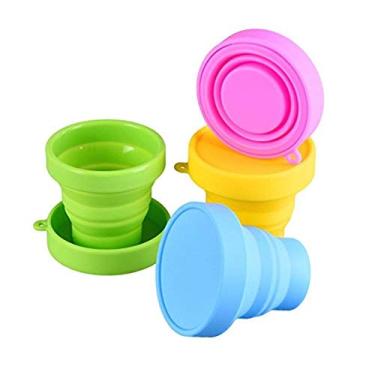Imagem de Guissi Copo dobrável compacto de silicone, caneca dobrável reutilizável de grau alimentício com tampas, conjunto de bebida retrátil expansível, portátil, tamanho de bolso para acampamento ao ar livre,