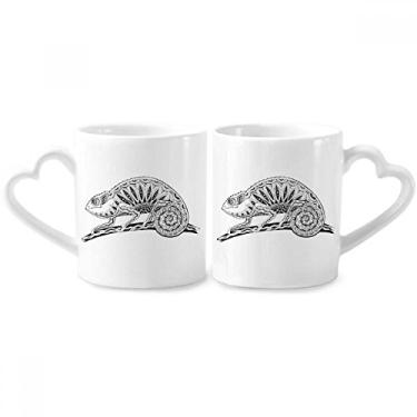 Imagem de Conjunto de canecas de porcelana de casal desenho de lagarto de cauda longa copo de cerâmica coração alça