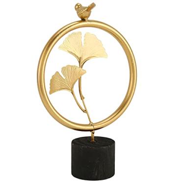 Imagem de Ornamento de Folha de Ginkgo, Estilo Nórdico Elegante Estátua de Folha de Metal Com Base de Madeira Luz de Luxo Escultura de Folha de Ginkgo para Decoração de Sala de Escritório