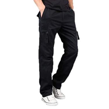Imagem de WSLCN Calça Cargo Masculina de Algodão Casual Trabalho de Perna Direita Multi-Bolso Cintura Elástica Preto XGG