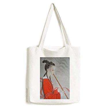 Imagem de Red Beauty Flauta sacola de lona com pintura chinesa bolsa de compras casual bolsa de mão