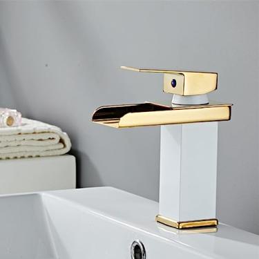 Imagem de Torneira para lavatório de banheiro com cascata Torneira misturadora de banheiro de latão maciço LED Torneira para pia com alça única branca Torneira misturadora para banheiro montada no con