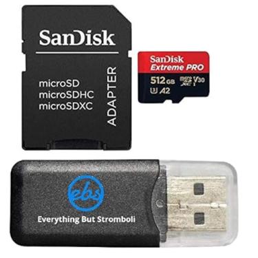 Imagem de Cartão de memória SanDisk UHS-I 512GB MicroSDXC Extreme Pro compatível com câmera Osmo Action 5 Pro (SDSQXCD-512G-GN6MA) Pacote com (1) leitor Everything But Stromboli MicroSD