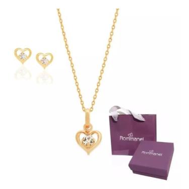 Imagem de Kit Rommanel Coração Vazado Cristal Colar Brinco E Kit Luxo, 50Cm, Dou