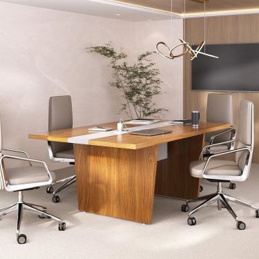 Imagem de Mesa de Reunião Modular para Escritório 50cm com Caixa de Tomada e Tampo em Tamburato Freijó/Branco