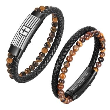 Imagem de VNOX Bracelete masculino de couro trançado feito à mão com mantra inspirador, ajustável, presente motivacional para homens, Bandeira americana - Salmo 91:11, Sem Pedra Preciosa