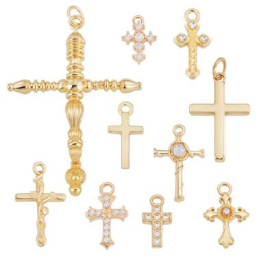 Imagem de AHANDMAKER 10 pingentes de crucifixo de estilo antigo, pingentes de oração dourados claros, 10 estilos de crucifixos barrocos mistos, pingentes pendurados de latão micro pavê de zircônia cúbica para
