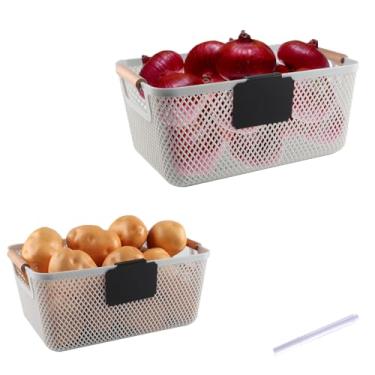 Imagem de Cestas de armazenamento de cebola e batata, um conjunto de três cestas de armazenamento com cabo de madeira, caixas de despensa de plástico empilháveis, organizadores multifuncionais para cozinha