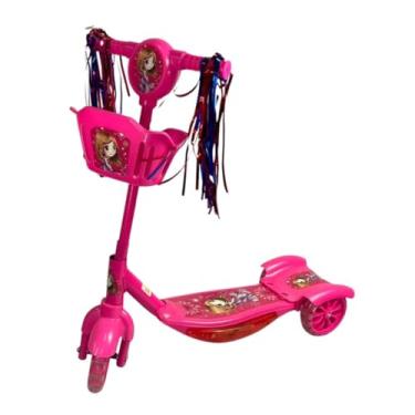 Imagem de Patinete Infantil 3 Rodas Dobrável com Som e Luz, Rosa, Freio nos Pés, Cestinha Frontal, Rodas com Brilho, 61x24x58cm, Acima de 3 Anos