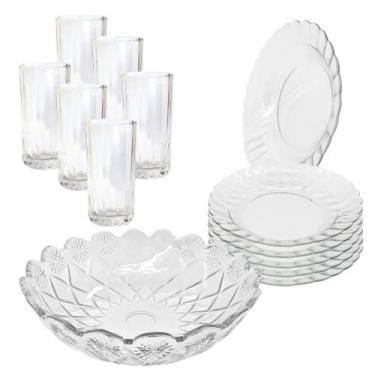 Imagem de Aparelho De Jantar Copos Pratos 13 Peças Vidro com Bowl Grande 2,5L - 