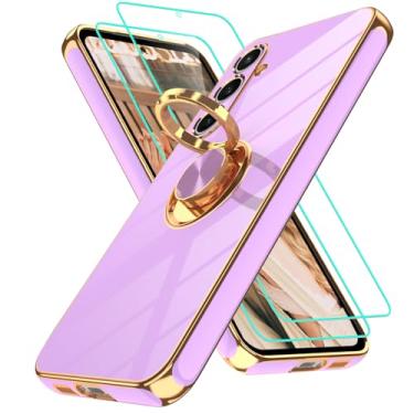 Imagem de Gritup Capa para Samsung Galaxy S23 FE | 2 peças protetoras de tela | Suporte magnético de rotação de 360°, capa protetora à prova de choque de TPU macio com borda dourada banhada a ouro para S23 FE