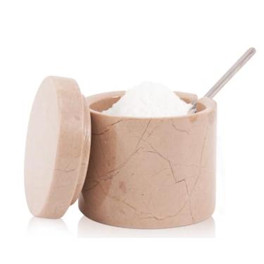 Imagem de SPESHSTONES Saleiro de mármore com tampa e colher - Pote de temperos - Armazenamento de cozinha - Caixa de sal - Recipiente de tempero artesanal - Açucareiro (Verona)