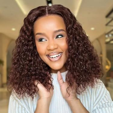 Imagem de Peruca Hihmarm de cabelo humano castanho chocolate com ondas profundas, 13x6 HD, renda frontal, pré-depilada, curta, cacheada, para mulheres negras, perucas frontais sem cola, 14 polegadas