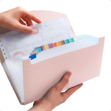 Imagem de Mini pasta organizadora sanfonada com 12 divisórias para recibos, papéis dobrados e documentos pequenos, ideal para organização portátil no escritório, estudo ou uso doméstico (Rosa)