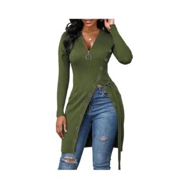 Imagem de Camiseta Feminina De Manga Longa Com Decote Em V E Zíper, Estilo Europ