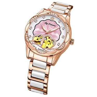 Imagem de Relógio feminino de cerâmica, relógio de pulso mecânico automático elegante design strass esqueleto coração mostrador de aço inoxidável pulseira mista à prova d'água 30 m, rosa