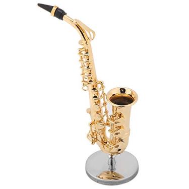 Imagem de Saxofone tenor em miniatura com suporte e estojo, modelo de mini instrumento musical de latão dourado, lindo trompete encaixotado decoração de ornamentos musicais de presente de primeira qualidade