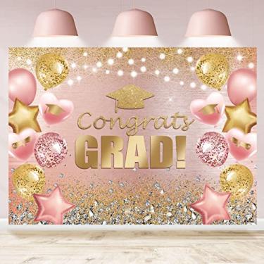 Imagem de Rsuuinu Fundo de formatura para fotografia rosa e dourado Parabéns Fundo de graduação Classe de 2022 Suprimentos de festa de formatura Decoração Banner sessão de fotos Adereços de estúdio fotográfico Lembranças 2 x 1,5 m