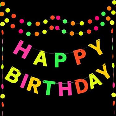 Imagem de Faixa neon neon neon luz neon feliz aniversário, arco-íris brilho decoração de aniversário UV reativo brilho na noite e escura aniversário festa de suprimento