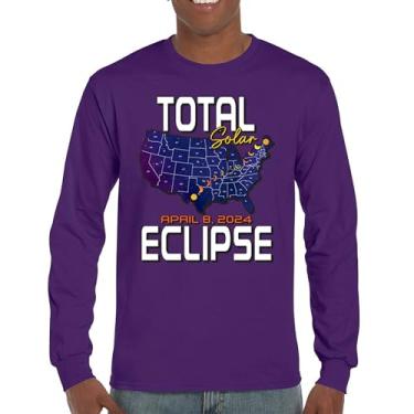 Imagem de Camiseta de manga comprida com mapa do eclipse solar total apenas com óculos de eclipse 8 de abril de 2024 festa astronomia sol lua, Roxa, 3G