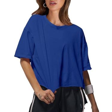 Imagem de AKEWEI Camisetas femininas curtas de manga curta com bainha de corte cru verão casual gola redonda camiseta de treino sólida, Azul royal/manga curta, GG