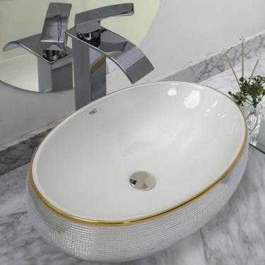 Imagem de Kit Cuba Pia Louça Cerâmica Banheiro C/Torn e Vál Cromada 50 - Smart N